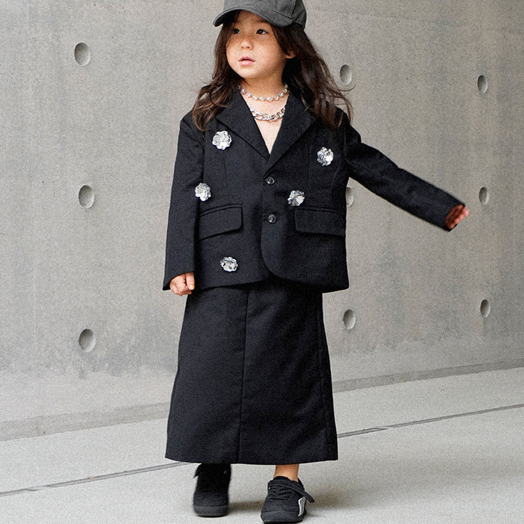 Blazer & Maxi Skirt Set (+ 5 Flower Pins) - Black