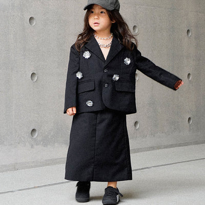 Blazer & Maxi Skirt Set (+ 5 Flower Pins) - Black