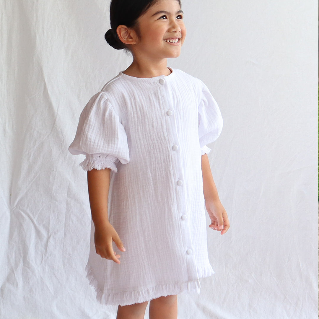 Cotton Frayed Bubble Dress - White