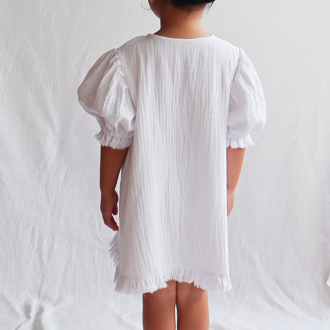 Cotton Frayed Bubble Dress - White
