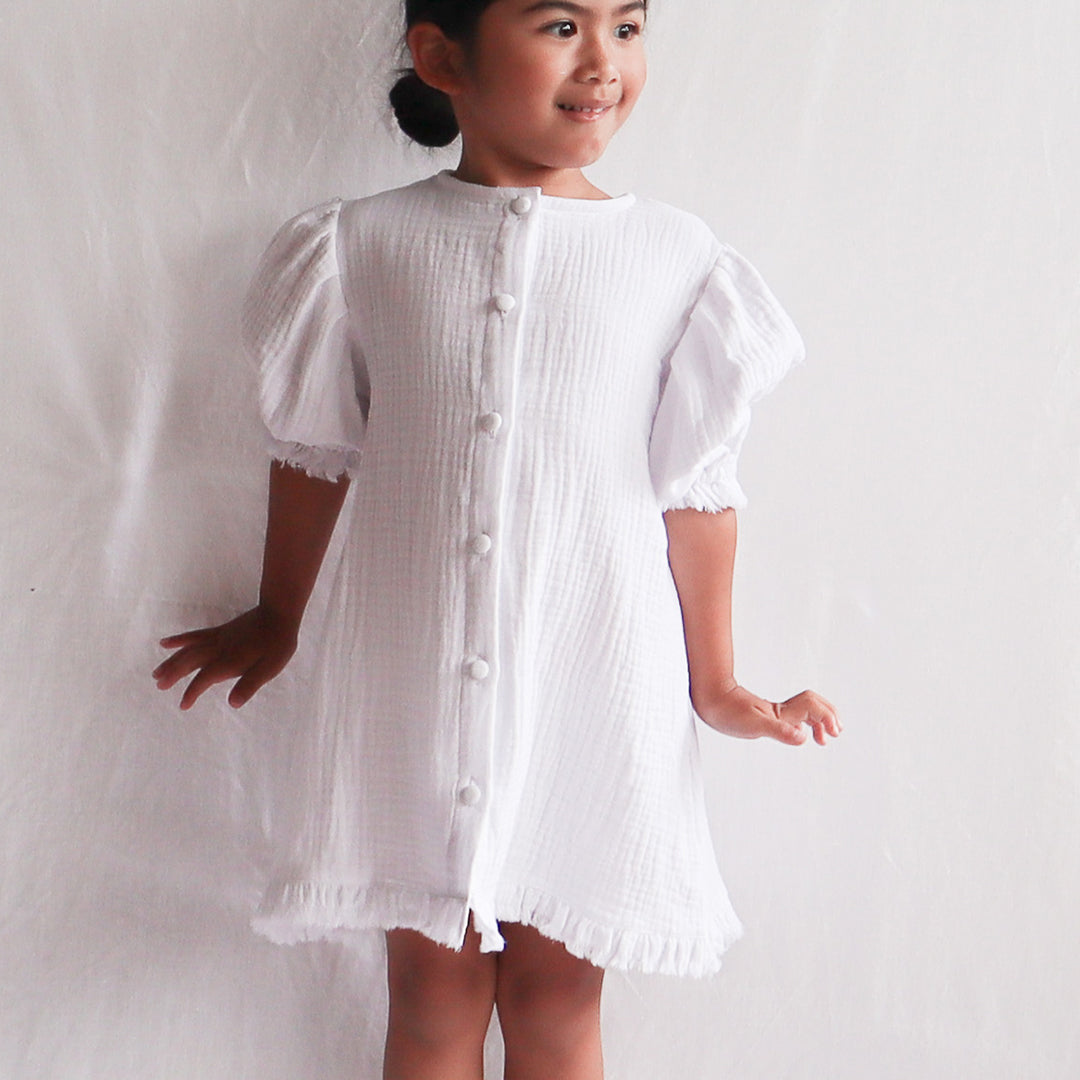 Cotton Frayed Bubble Dress - White