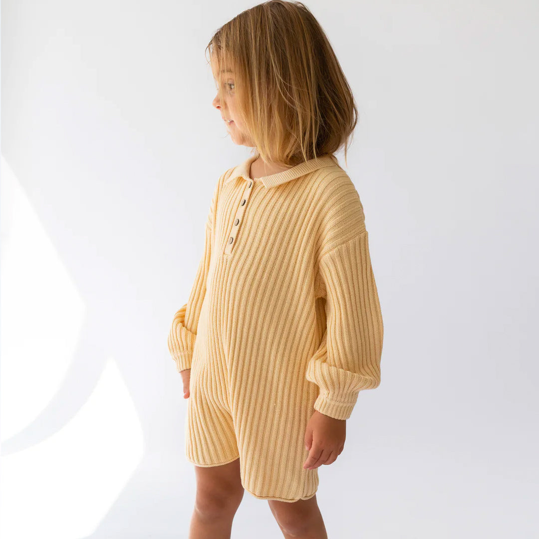 Essential Ribbed Long Sleeve Knit Romper - Butter
